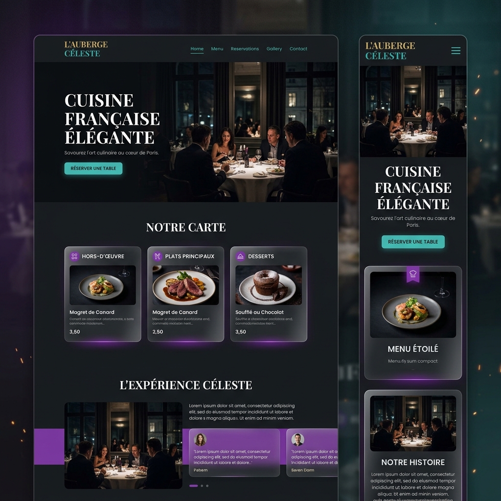 Site web restaurant moderne - design dark avec accents violets